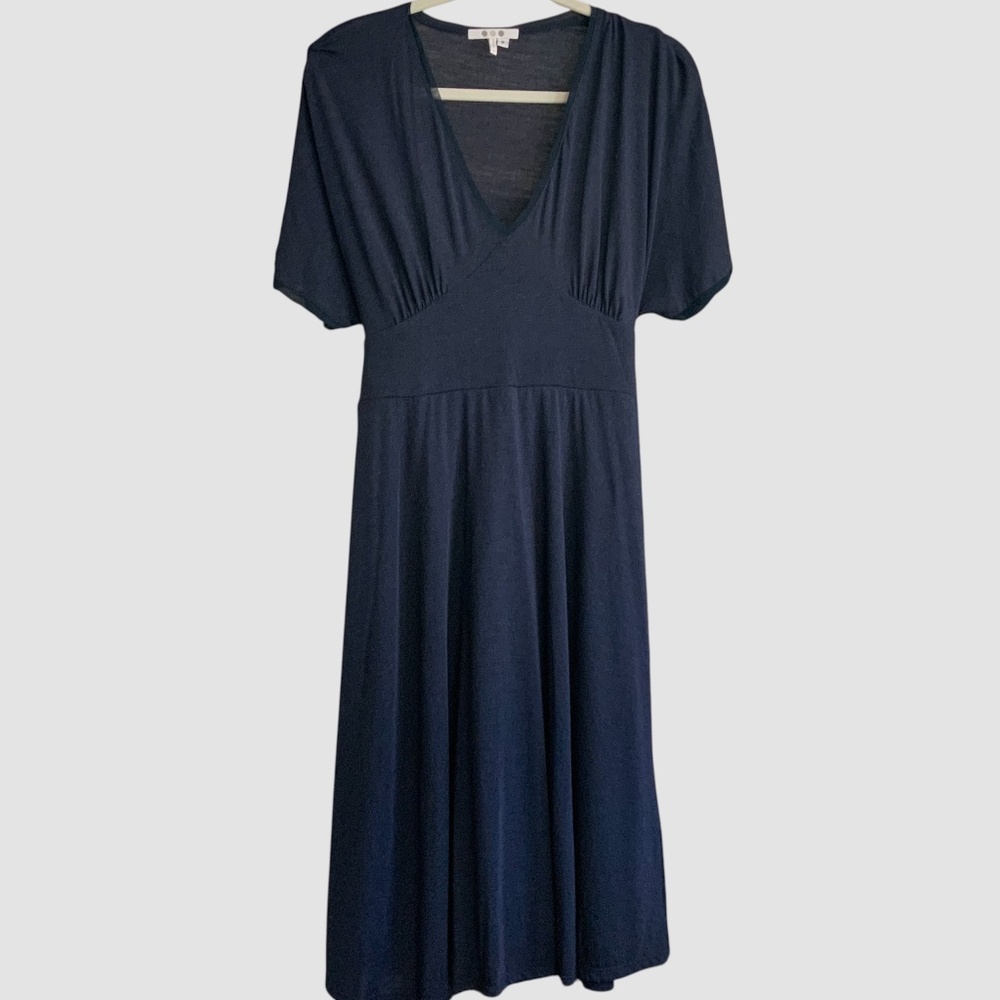 Three Dots Heathered Navy Blue Knit Kimono Style V NeckDress Back Tie SZ M